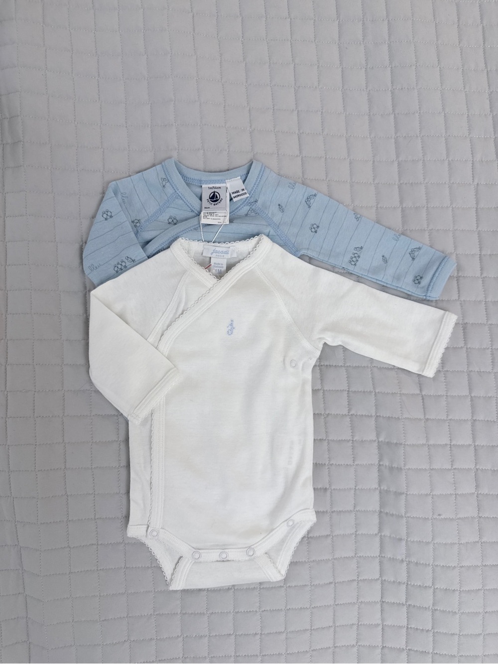 Jacadi Long-Sleeve Baby Bodysuit in White and Petit Bateau in Light Blue